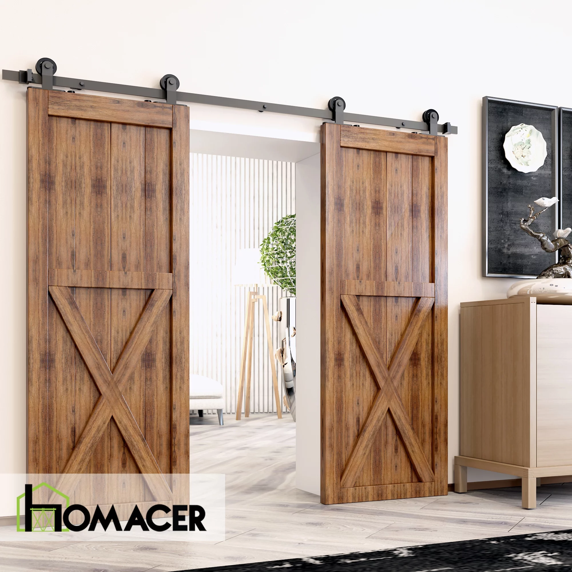 Homacer Black Rustic Sliding Barn Door Hardware Kit, for Two/Double Doors, 8ft Long Flat Track, T-Shape Design Roller, Heavy Duty, for Interior & Exterior Use - Curated Treasures Market