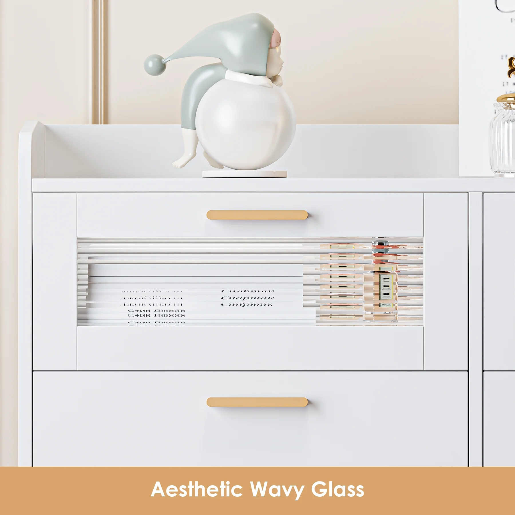 Homfa 6 Drawer Double Dresser with Fence, White Chest of Drawers with Wavy Glass, Wooden Storage Cabinet for Bedroom - Curated Treasures Market