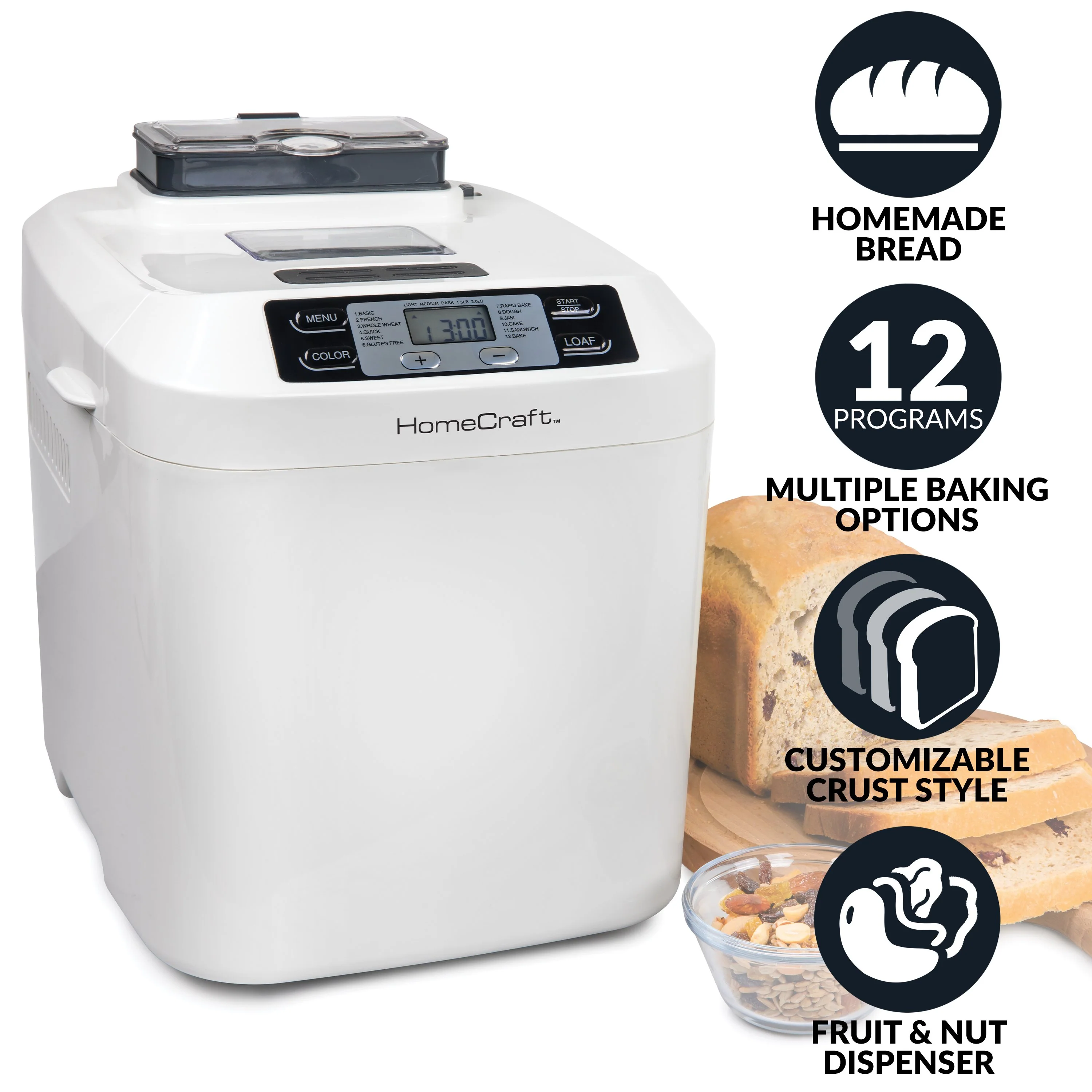 HomeCraft�?Programmable 2 Lb. Breadmaker With Auto Fruit & Nut Dispenser