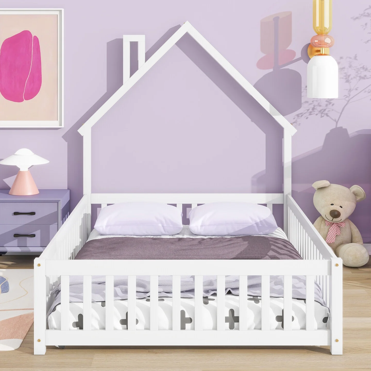 Floor Bed with Fence, Twin Size Montessori Bed with House Shape Headboard and Fence, Wood Floor Bed Frame House Bed Frame for Kids Boys Girls, Box Spring Needed, Grey