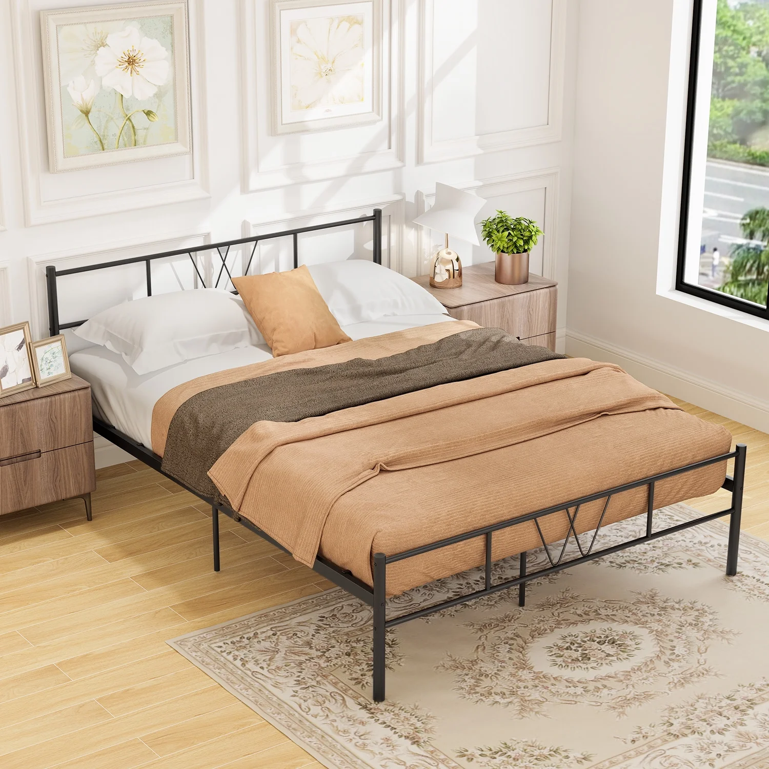 Full Size Metal Platform Bed Frame, Heavy Duty Mattress Foundation with Steel Slats Support, No Box Spring Needed, Black