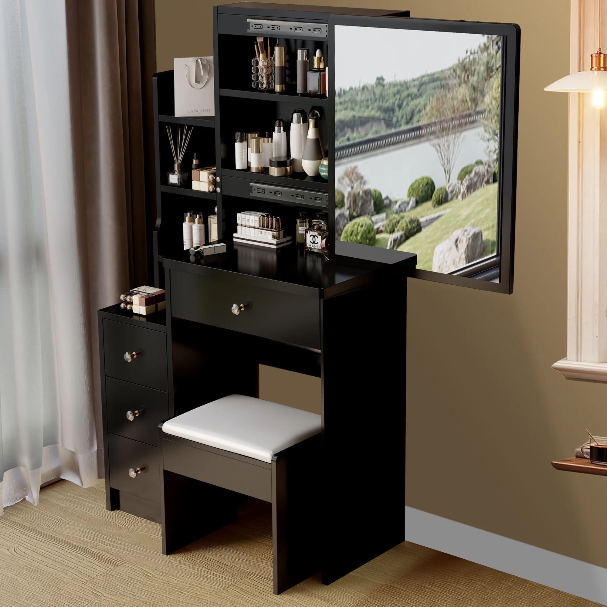 SESSLIFE Vanity Set with Sliding Mirror, White Makeup Desk with Drawers & Stool, Makeup Dressing Table Set for Girls,Princess