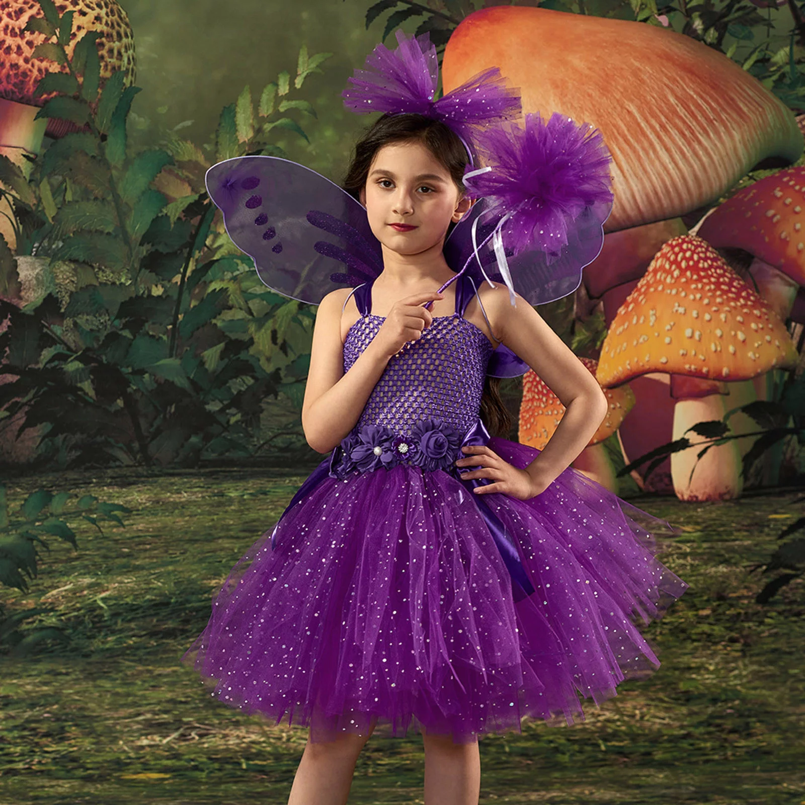 Toddler Custome Girls Princess Dress Back Butterfly Mesh Dress With Wing Fairy Wand Headwear 4pcs Sets Performance - Curated Treasures Market