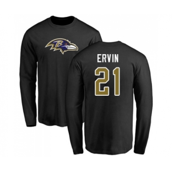 Football Baltimore Ravens #21 Tyler Ervin Black Name & Number Logo Long Sleeve T-Shirt