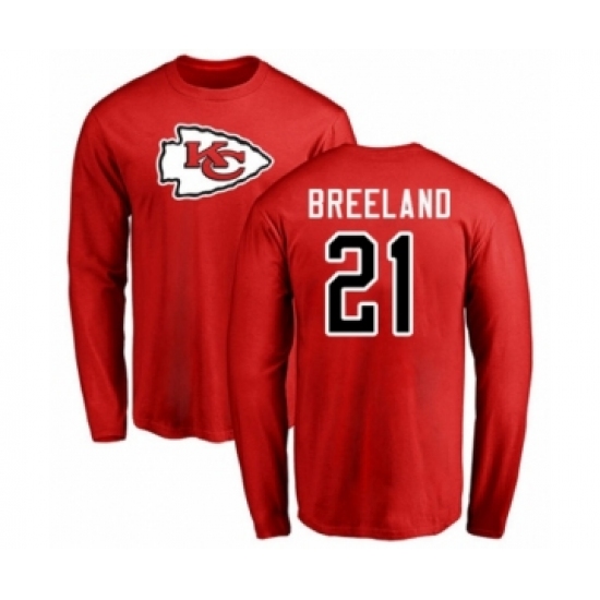 Football Kansas City Chiefs #21 Bashaud Breeland Red Name & Number Logo Long Sleeve T-Shirt