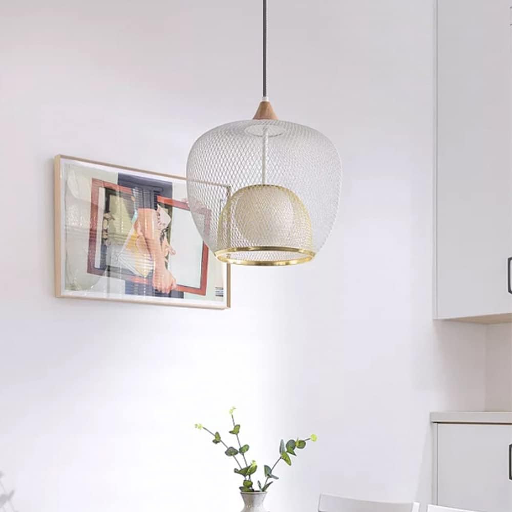 Indoor Chandelier, 15.7in Industrial Double Metal Mesh Pendant Lighting Adjustable Restaurant Ceiling Lamp Glass Hanging Light Fixture Compatible with Kitchen Dining Room Green (Color : B) , Light Fix