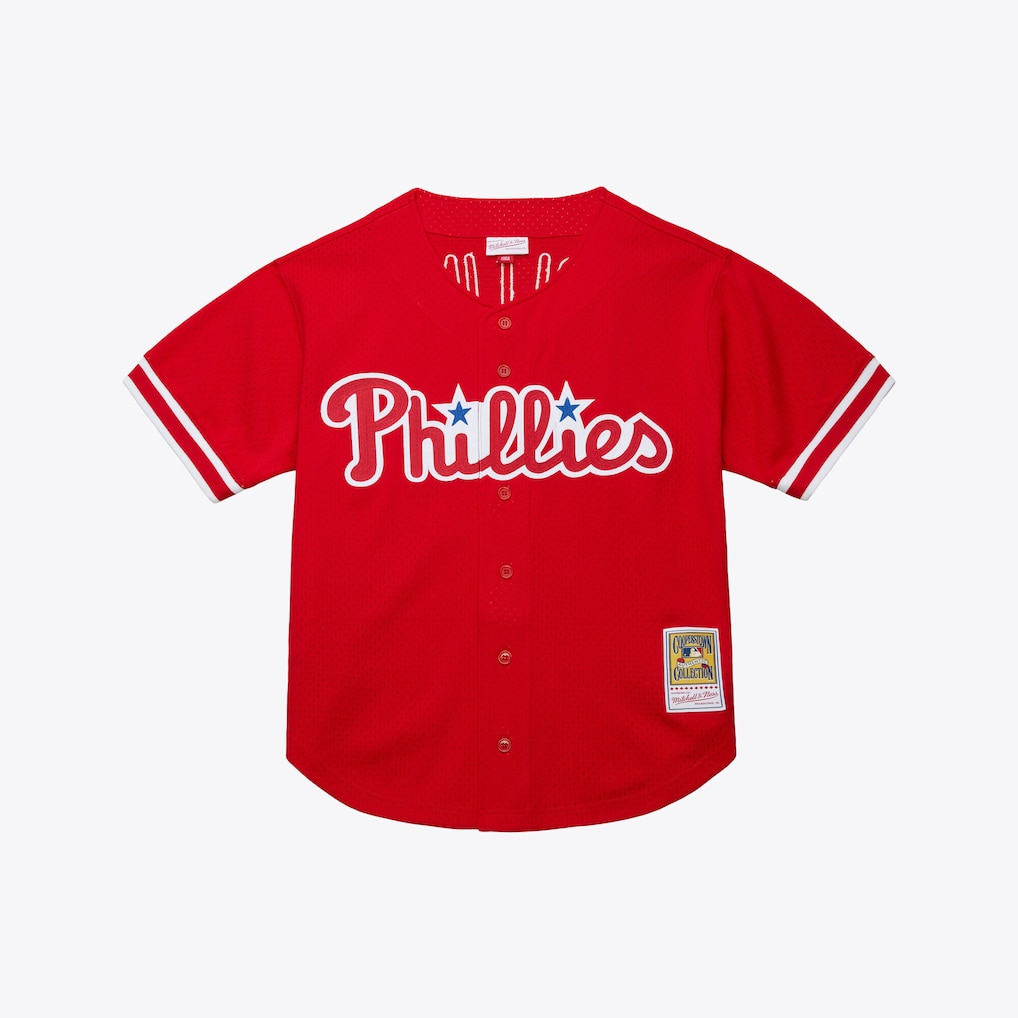 Men's Philadelphia Phillies Jimmy Rollins Mitchell & Ness Red Cooperstown Mesh Batting Practice Button-Up Jersey