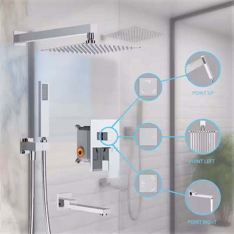 Single-Handle 3-Spray 12'' Tub and Shower Faucet Combo with Hand Shower in Chrome (Valve Included)