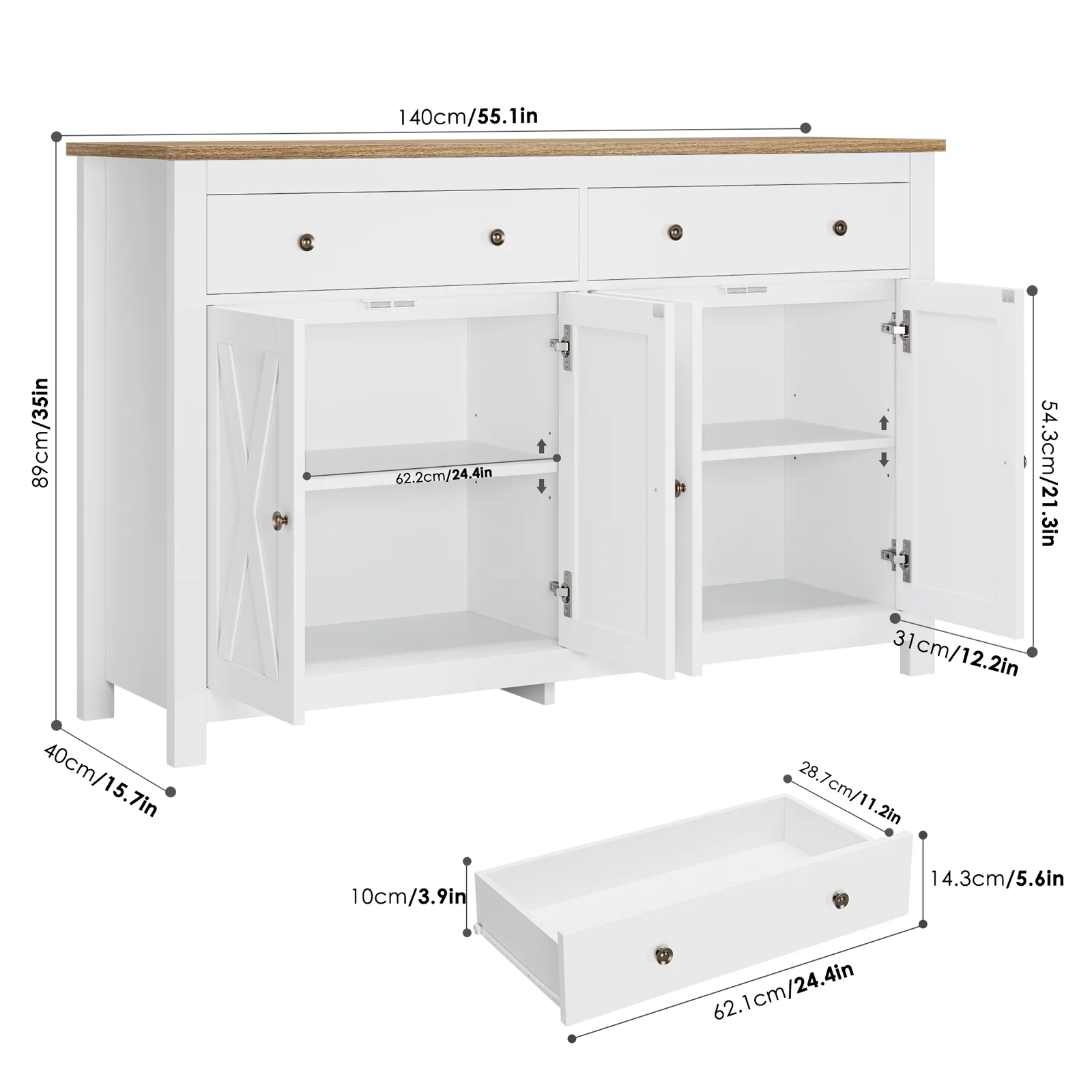 Homfa 4-Doors 2-Drawers Farmhouse Storage Cabinet, Wood Sideboard with Adjustable Shelves for Kitchen Dining Room, White - Curated Treasures Market