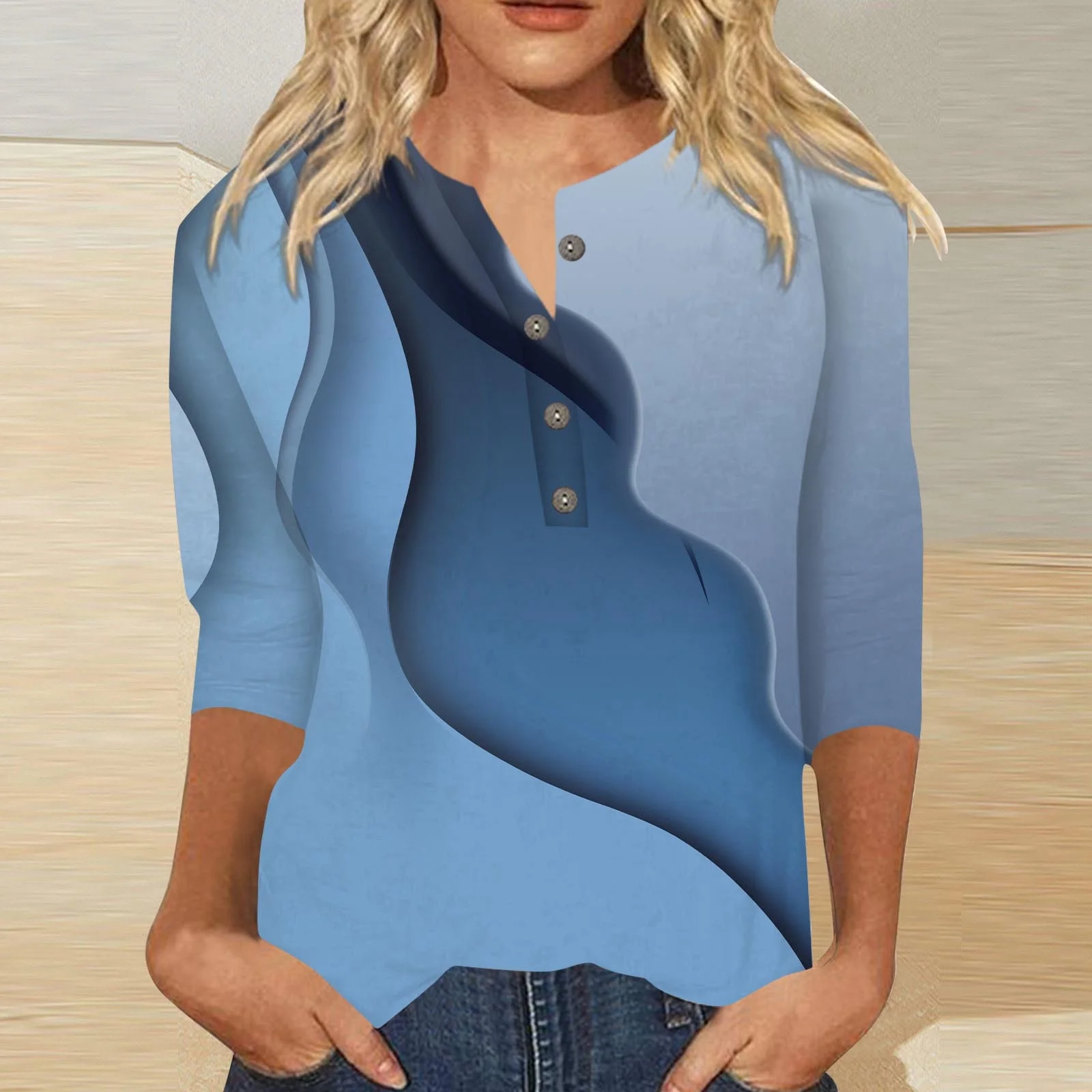 Women's Casual Printed Button Three Quarter Sleeve T Shirt Top - Curated Treasures Market