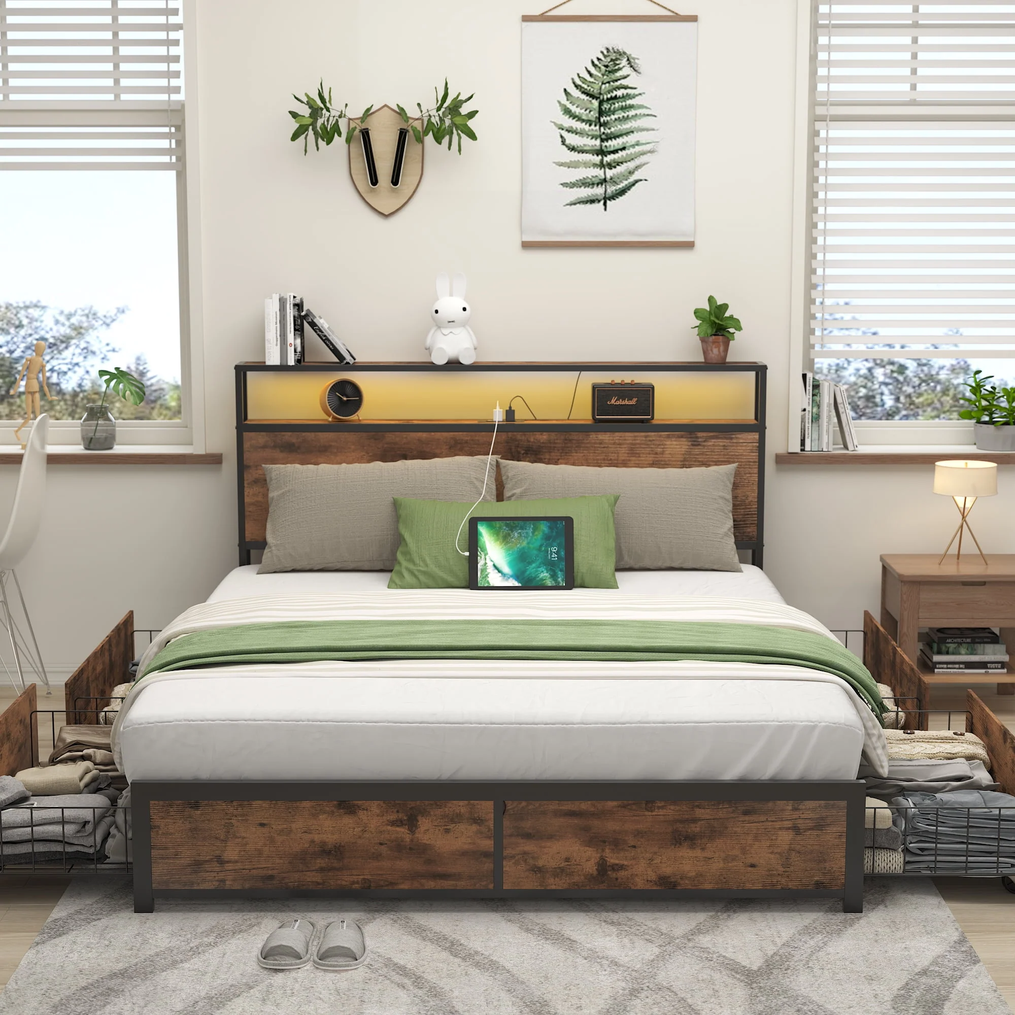 Lifezone Queen Bed Frame with Headboard Platform Bed with Charging Station & LED, 4 Storage Drawers, Metal Support, Vintage Brown