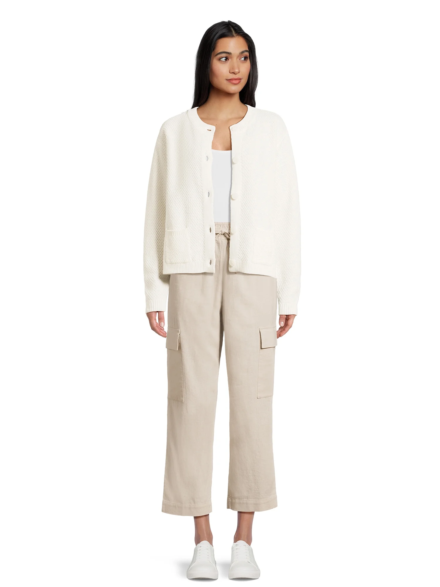 Time and Tru Women's High Rise Pull on with Drawstring Straight Leg Cargo Linen Pants, 27