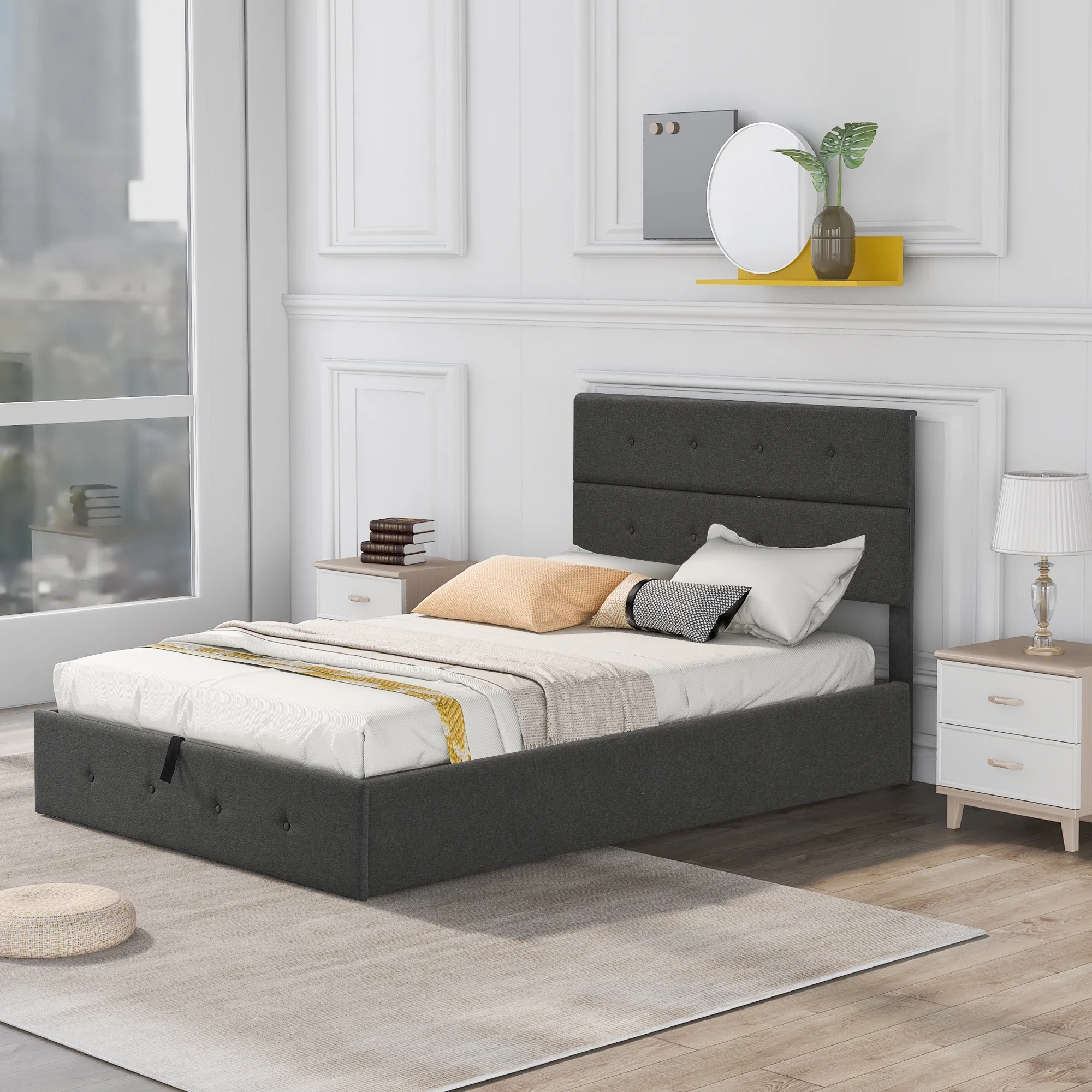 Euroco Upholstered Full Bed, Lift Up Storage Platform Bed
