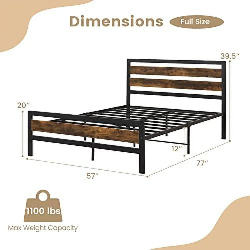 GVJMTKP Queen Metal Bed Frame with Charging Station  Industrial Platform Bed with  Headboard  Heavy-Duty Mattress Foundation  Easy Assembly  No Box Spring Needed  Rustic Brown - Curated Treasures Market