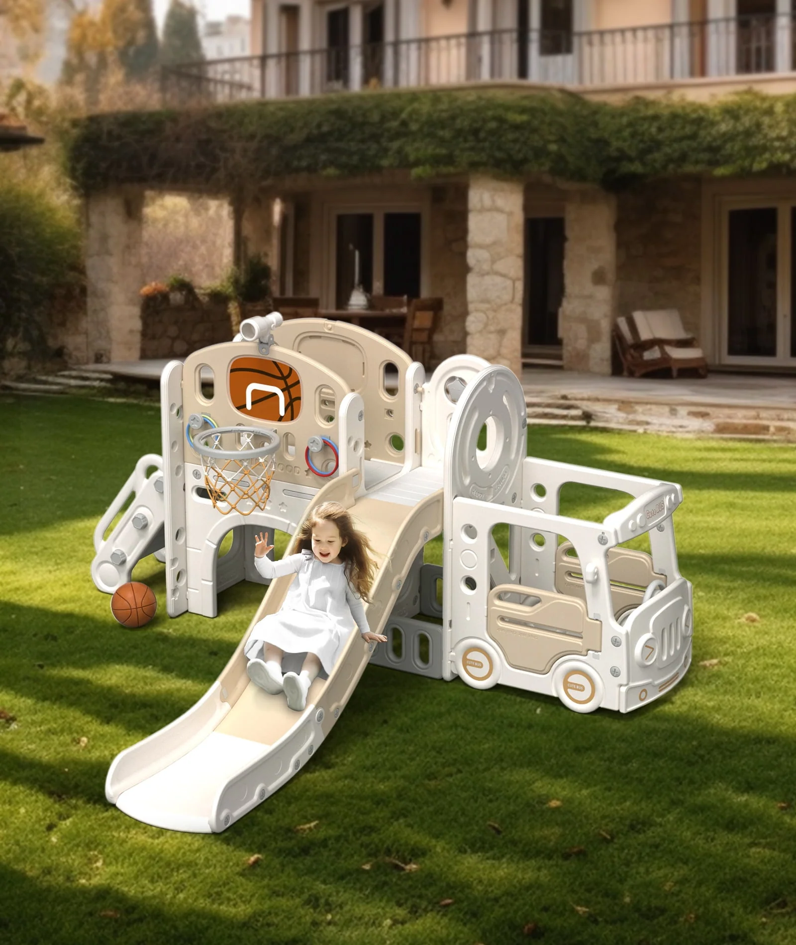 KORIMEFA Kids Slide Set with Climber, Toddler Climber Slide Play Set with Basketball Hoop, Tunnel, Bus Playhouse Outdoor Indoor Slide Playset Age 1-6