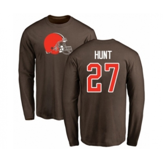 Football Cleveland Browns #27 Kareem Hunt Brown Name & Number Logo Long Sleeve T-Shirt