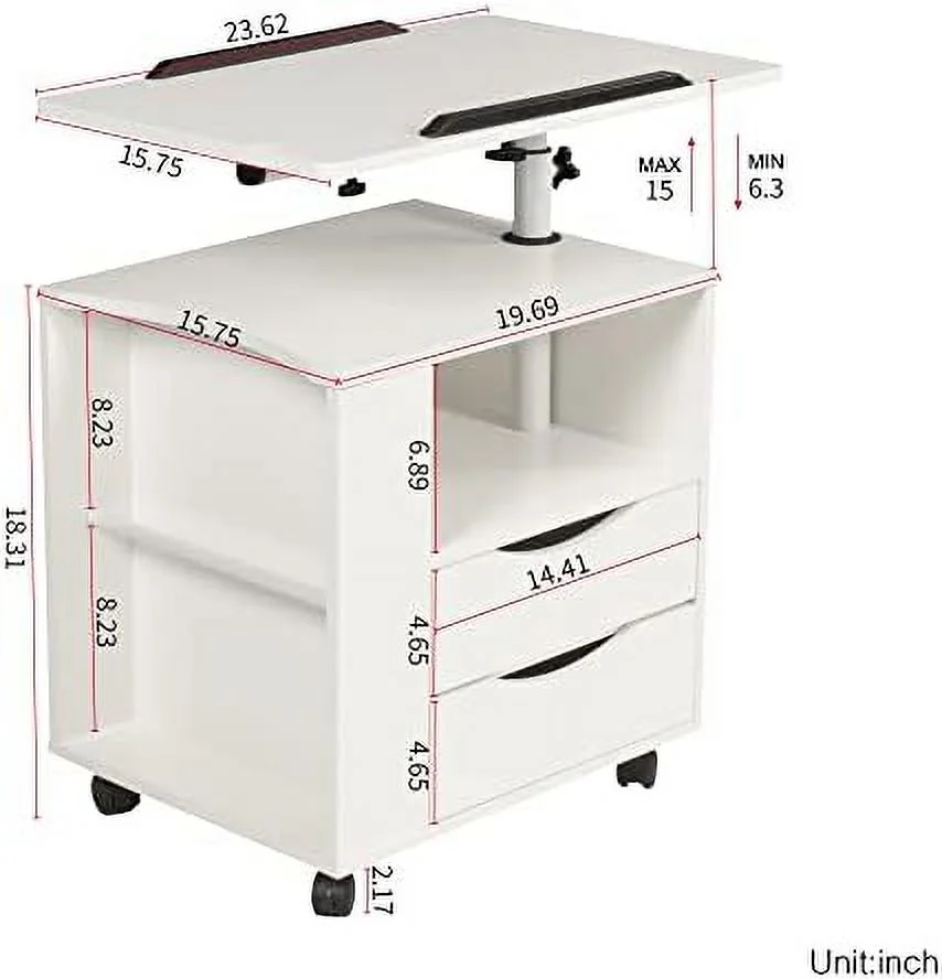 MQLIFEBOOM Height Adjustable Overbed End Table Wooden Nightstand with Swivel Top  Drawers  Wheels and Open  (Black Oak) - Curated Treasures Market