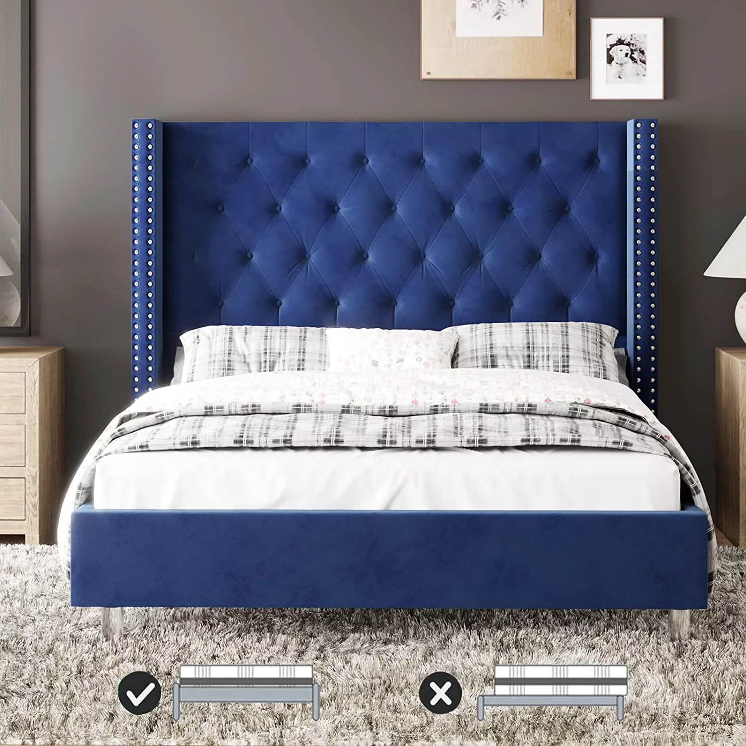 Bed Frame King Size Velvet Tufted Upholstered Bed Low Profile Platform Bed Raised Wingback Headboard/Wood Slats Support/No Box Spring Needed/Easy Assembly/Cream - Curated Treasures Market