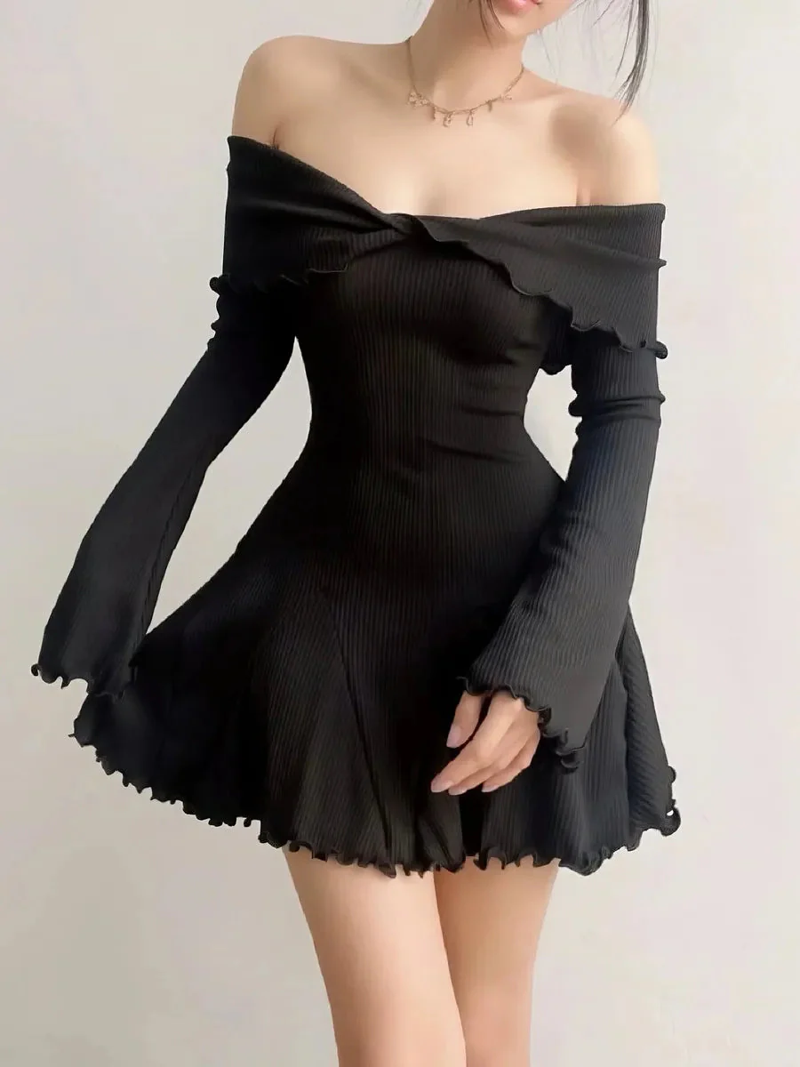 'Maple' Casual Off Shoulder Knitted A-Line Ruffle Dress