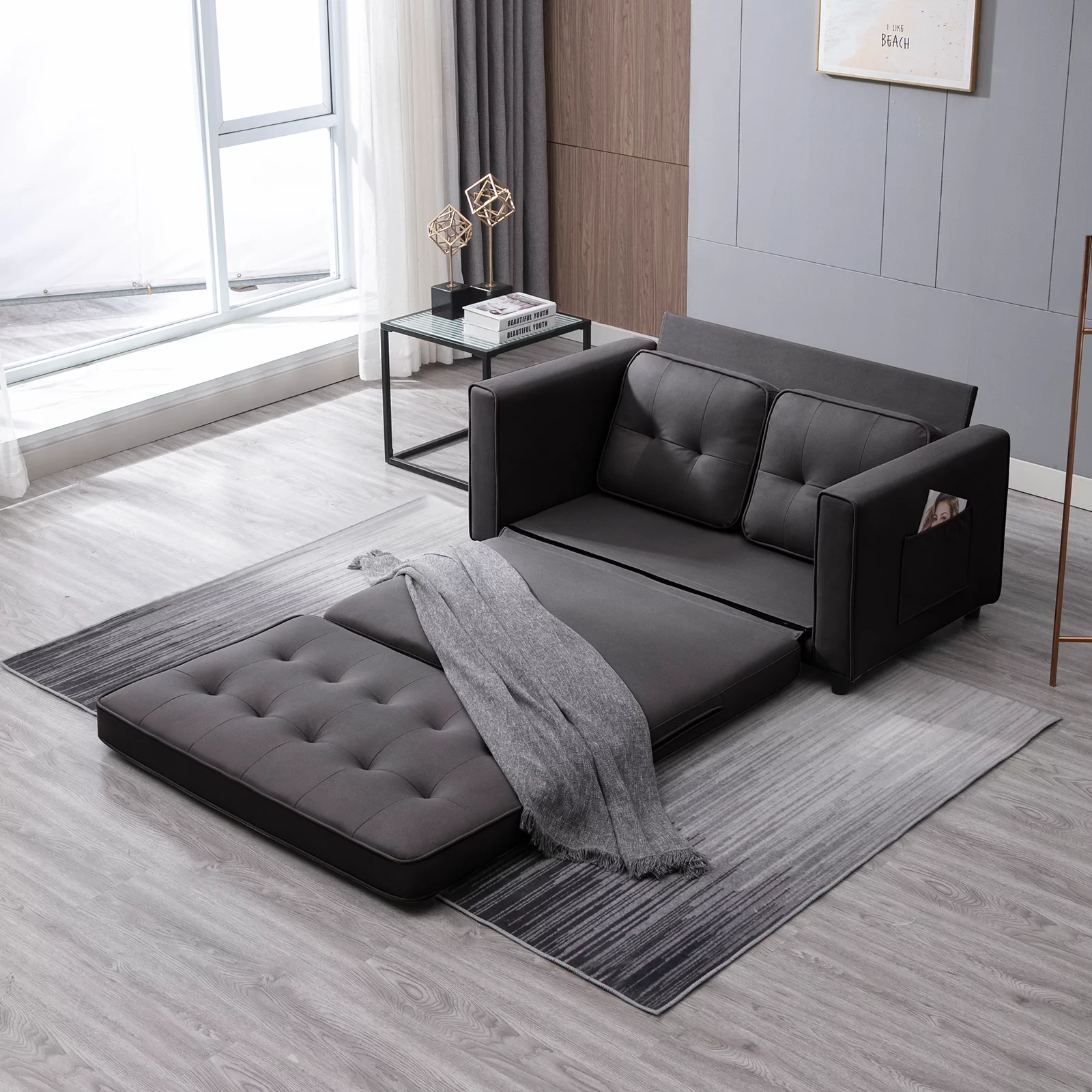 BALUS 3-in-1 Pull Out Sleeper Sofa Bed with Dual Side Pockets, Loveseat Sofa Sleeper, Dark Gray - Curated Treasures Market