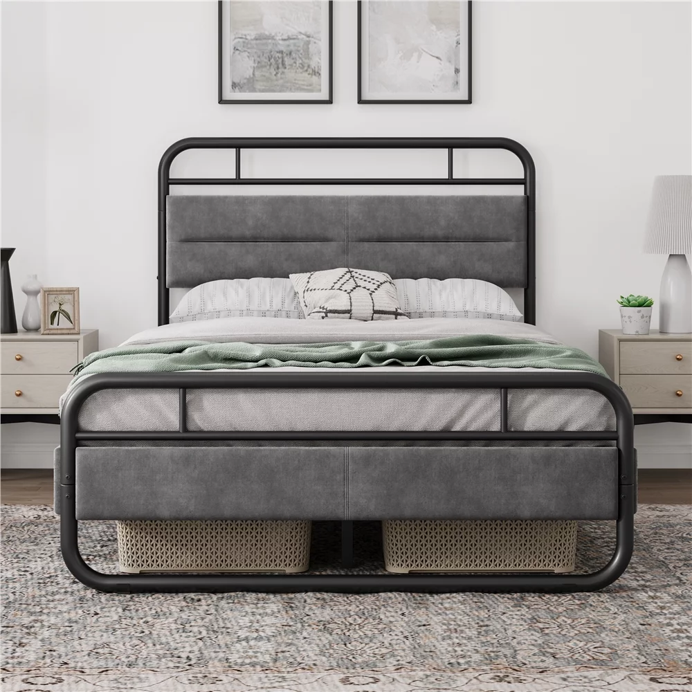 Topeakmart Queen Size Metal Platform Bed with Velvet Upholstered Headboard, Dark Gray