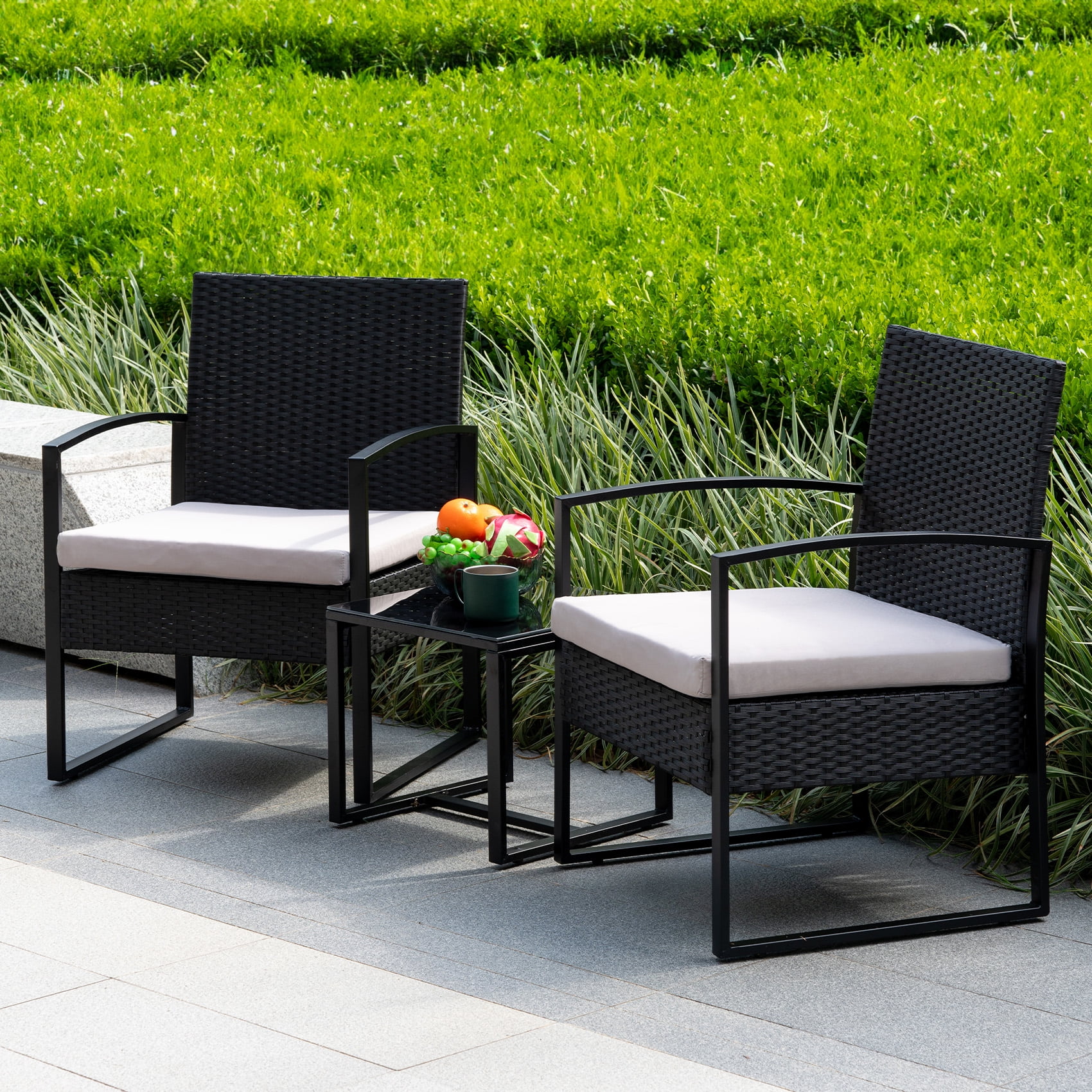 Tappio 3 Piece Patio Set Outdoor Chair Set with Glass Table, Rattan Conversation Sets for Yard and Bistro, Gray