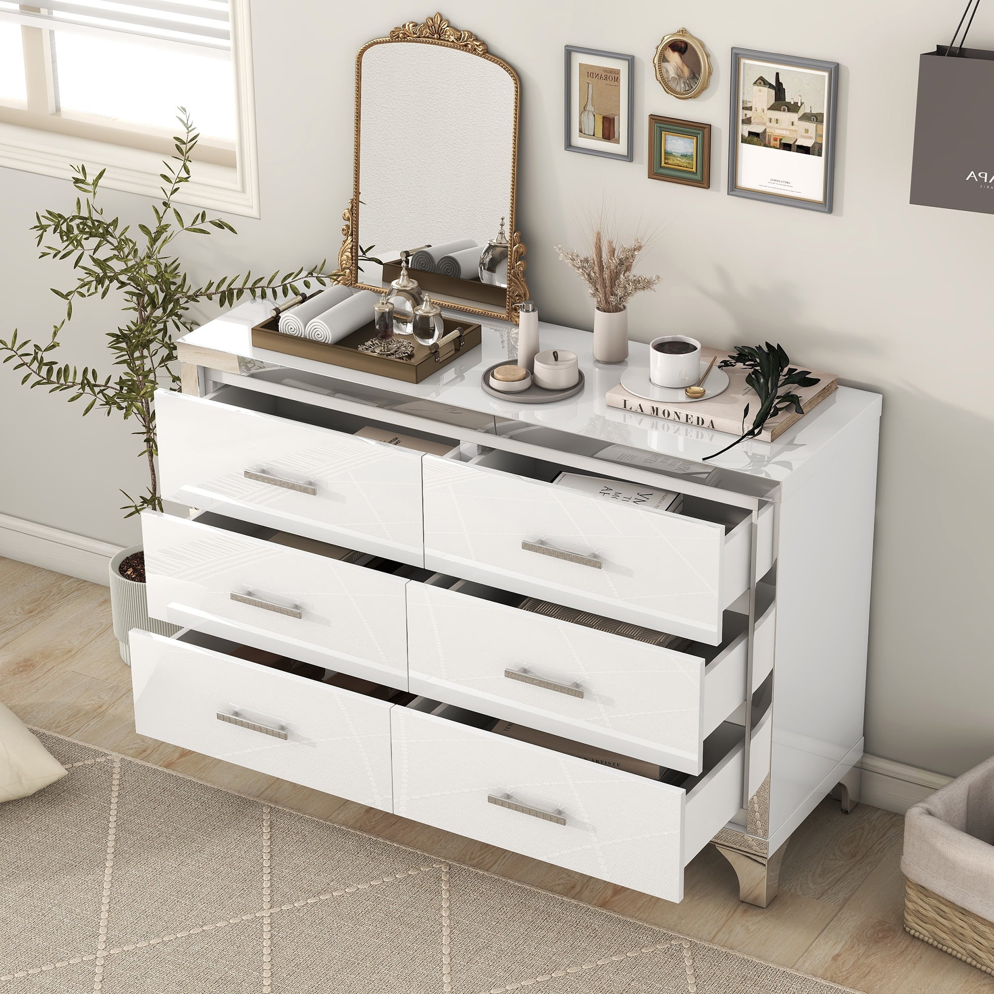 Elegant High Gloss Dresser with Metal Handle.Mirrored Storage Cabinet with 6 Drawers for Bedroom.Living Room.White