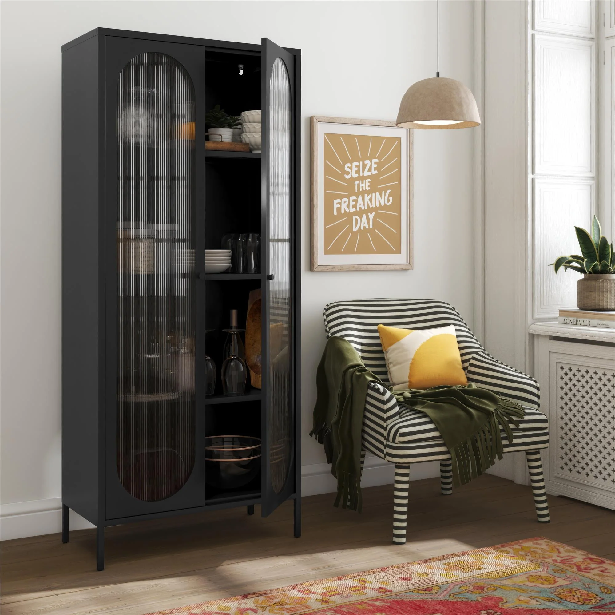 Mr. Kate Luna Tall 2-Door Accent Cabinet with Fluted Glass, Parchment