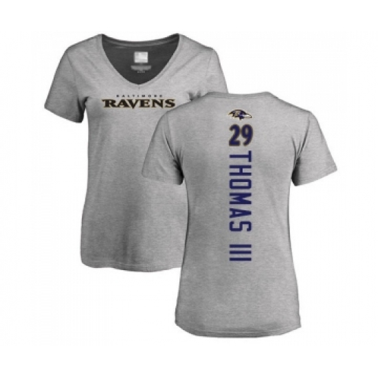 Football Women's Baltimore Ravens #29 Earl Thomas III Ash Backer V-Neck T-Shirt