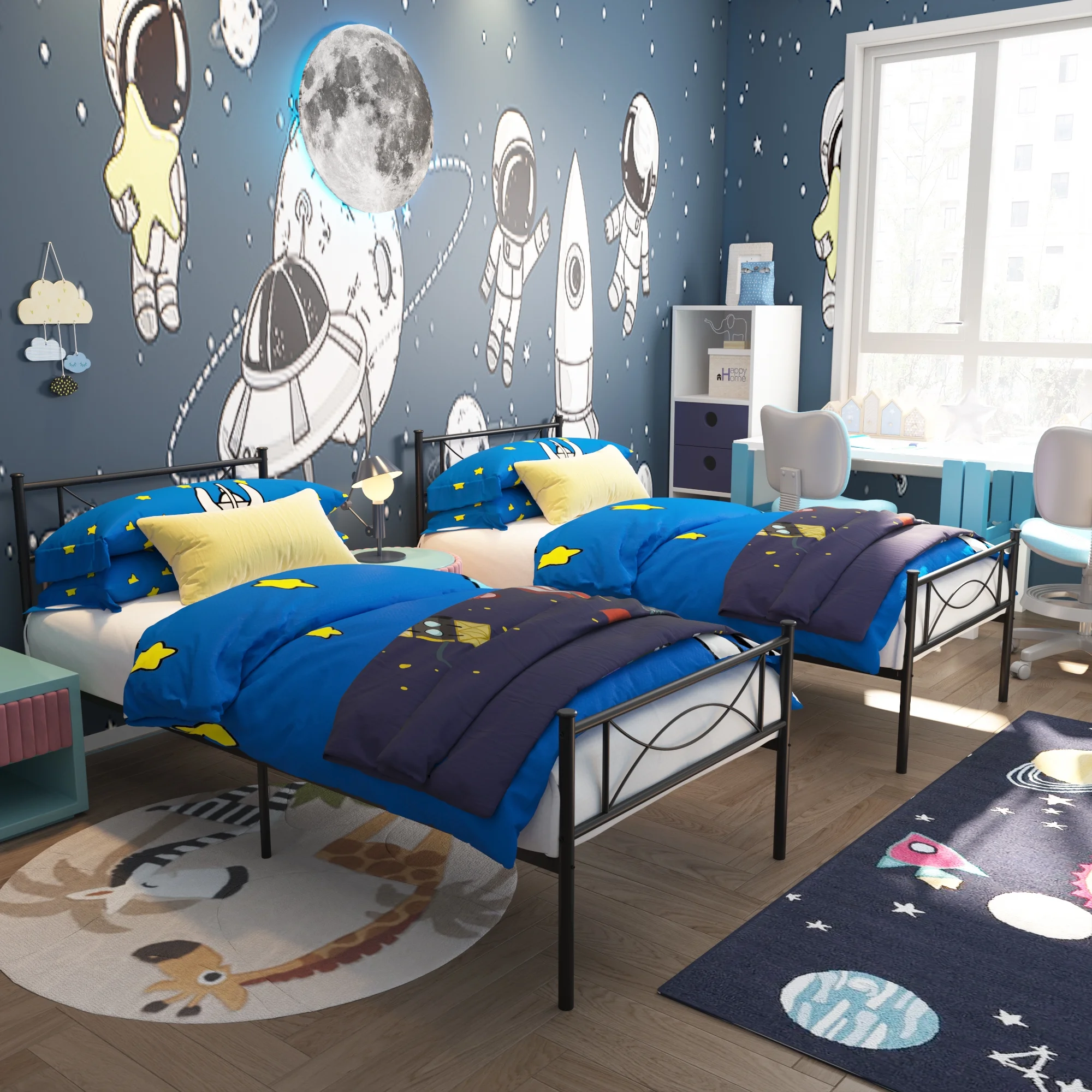 Yoneston Twin Size Metal Platform Bed Frame with Bowknot Headboard & Footboard for Kids, Black