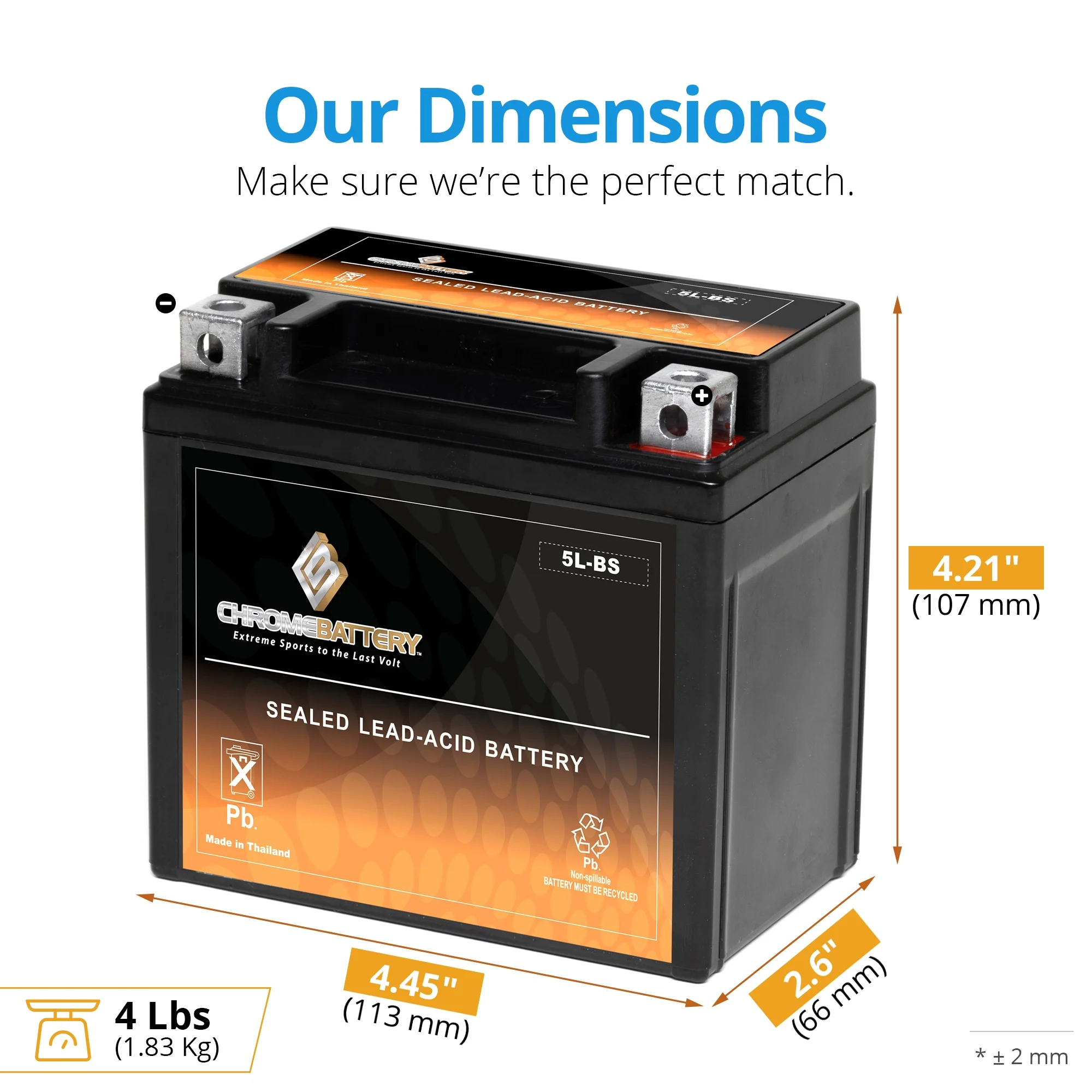 Chrome Battery Ytx5L-Bs High Performance - Maintenance Free - Sealed Agm Motorcycle Battery