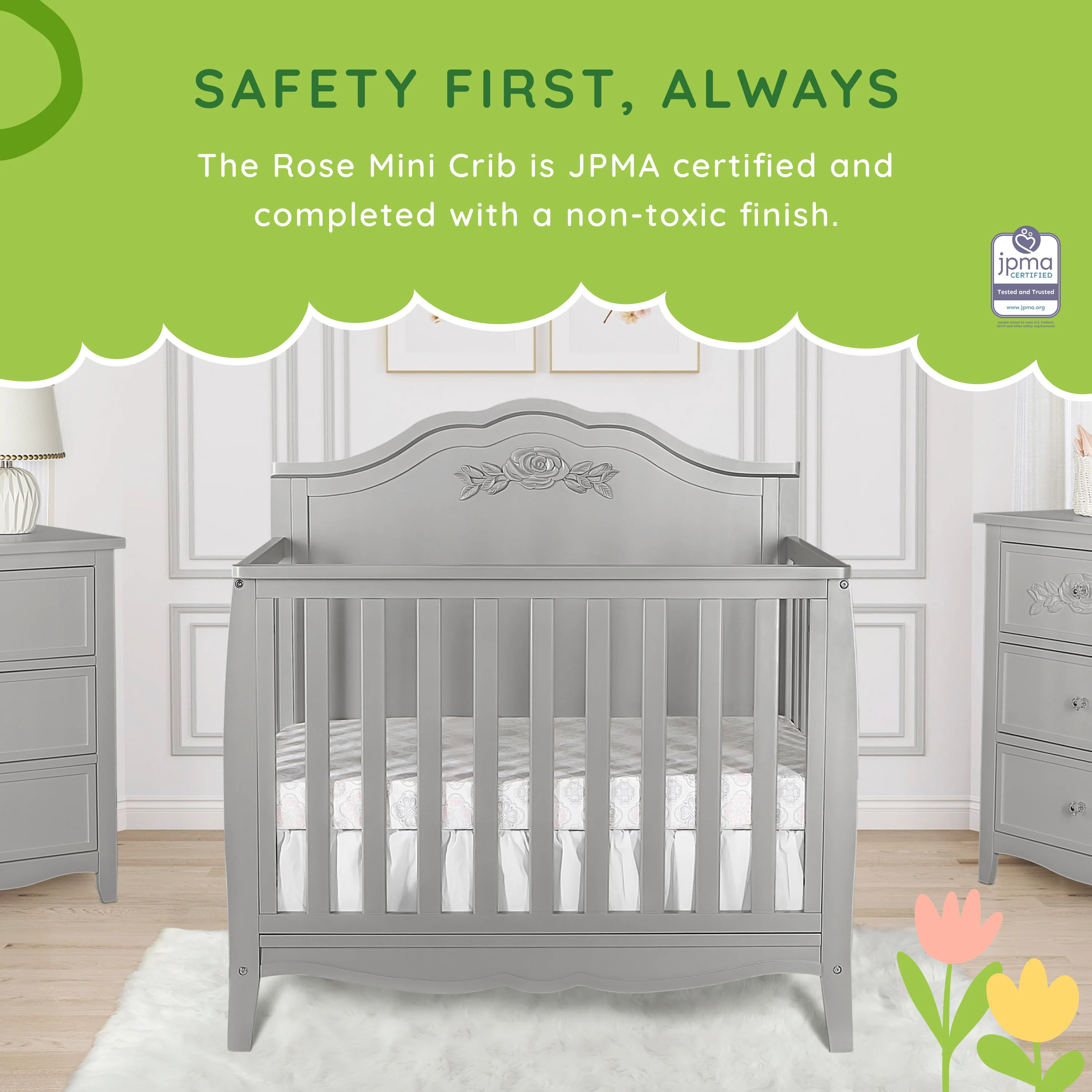SweetPea Baby Rose 4-in-1 Convertible Mini Crib in Platinum, JPMA Certified Baby Crib, Non-Toxic Finish, New Zealand Pinewood, with 3 Mattress Height Settings Crib Platinum - Curated Treasures Market