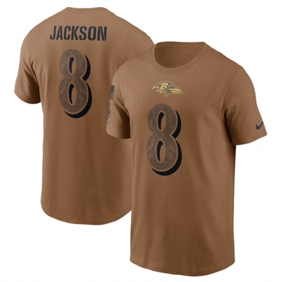 Men's Baltimore Ravens #8 Lamar Jackson 2023 Brown Salute To Service T Shirt