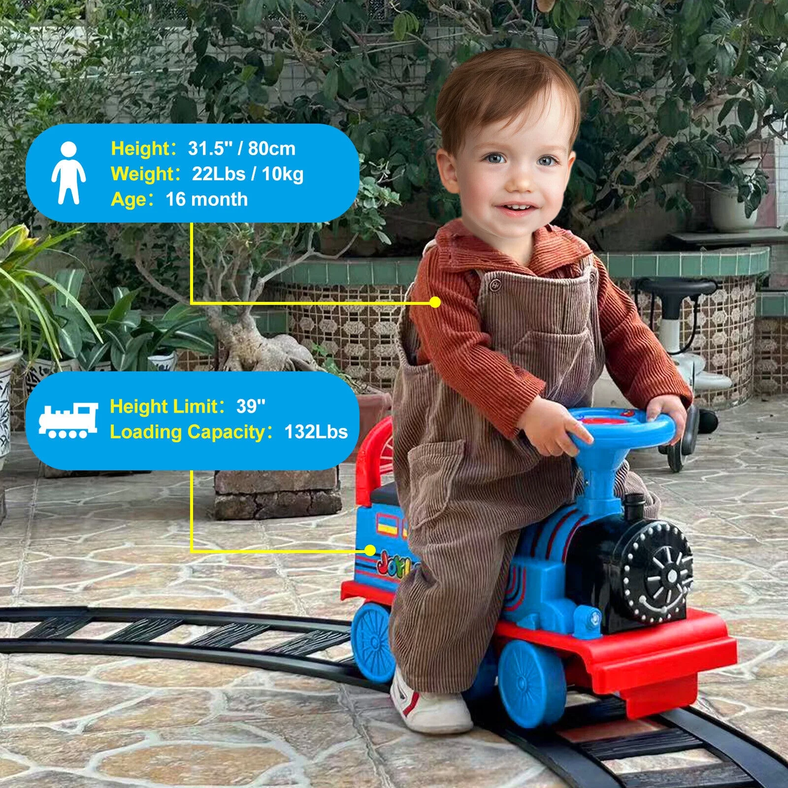 JOYLDIAS Blue 6V Kids Electric Ride on Train Toddlers Age 1-3 Boys Girls w/Curved Tracks,Carriage,Songs,Lights,Horns,Storage - Curated Treasures Market
