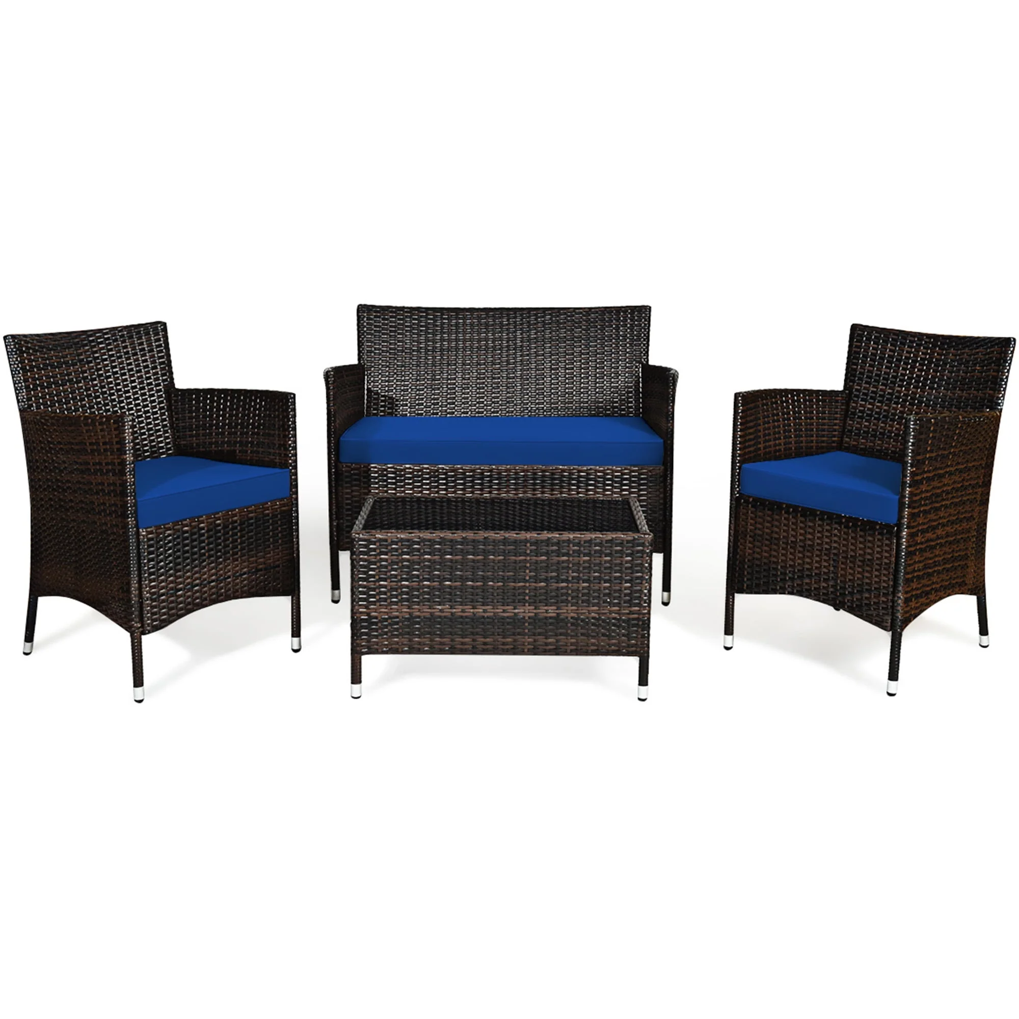Gymax 4PCS Patio Rattan Conversation Furniture Set Outdoor Turquoise Cushioned