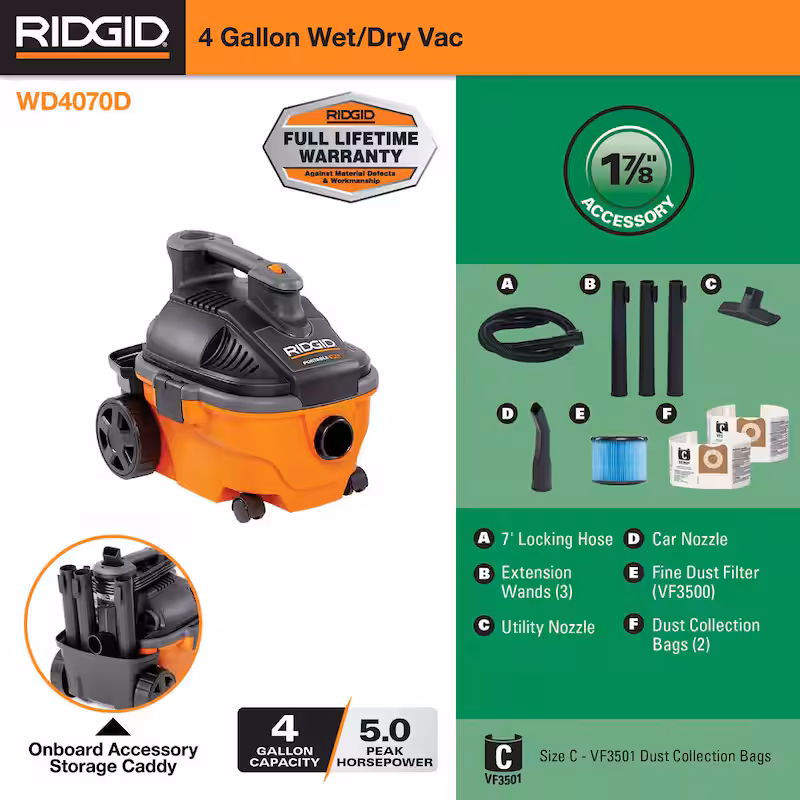 4 Gallon 5.0 Peak HP Portable Wet/Dry Shop Vacuum with Fine Dust Filter, Dust Bags, Locking Hose and Accessories