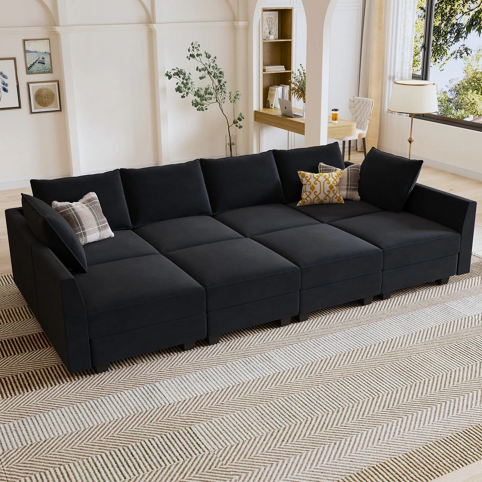 HONBAY Modern Upholstered Sofa Couch Bed with Movable Storage Ottoman for Apartment, Black - Curated Treasures Market