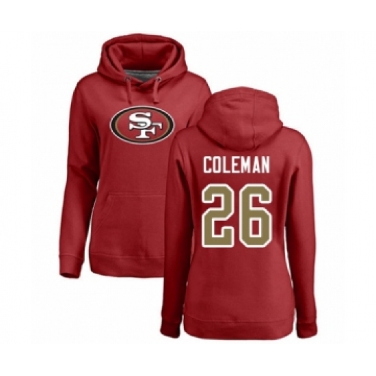 Football Women's San Francisco 49ers #26 Tevin Coleman Red Name & Number Logo Pullover Hoodie