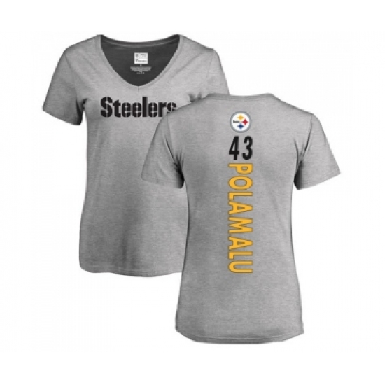 Football Women's Pittsburgh Steelers #43 Troy Polamalu Ash Backer V-Neck T-Shirt