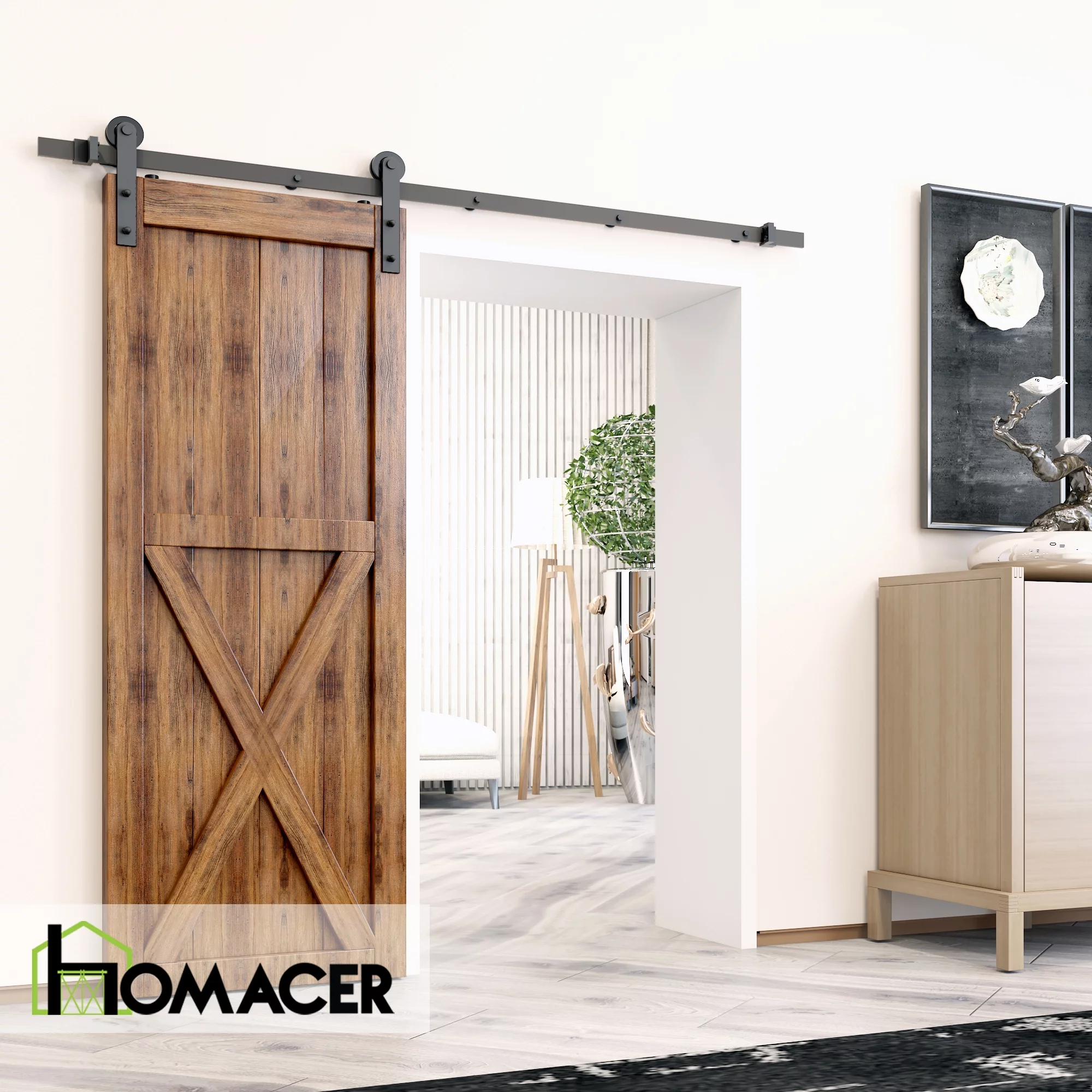 Homacer Black Rustic Sliding Barn Door Hardware Kit, for One/Single Door, 8ft Long Flat Track, Straight Design Roller, Heavy Duty, for Interior & Exterior Use - Curated Treasures Market