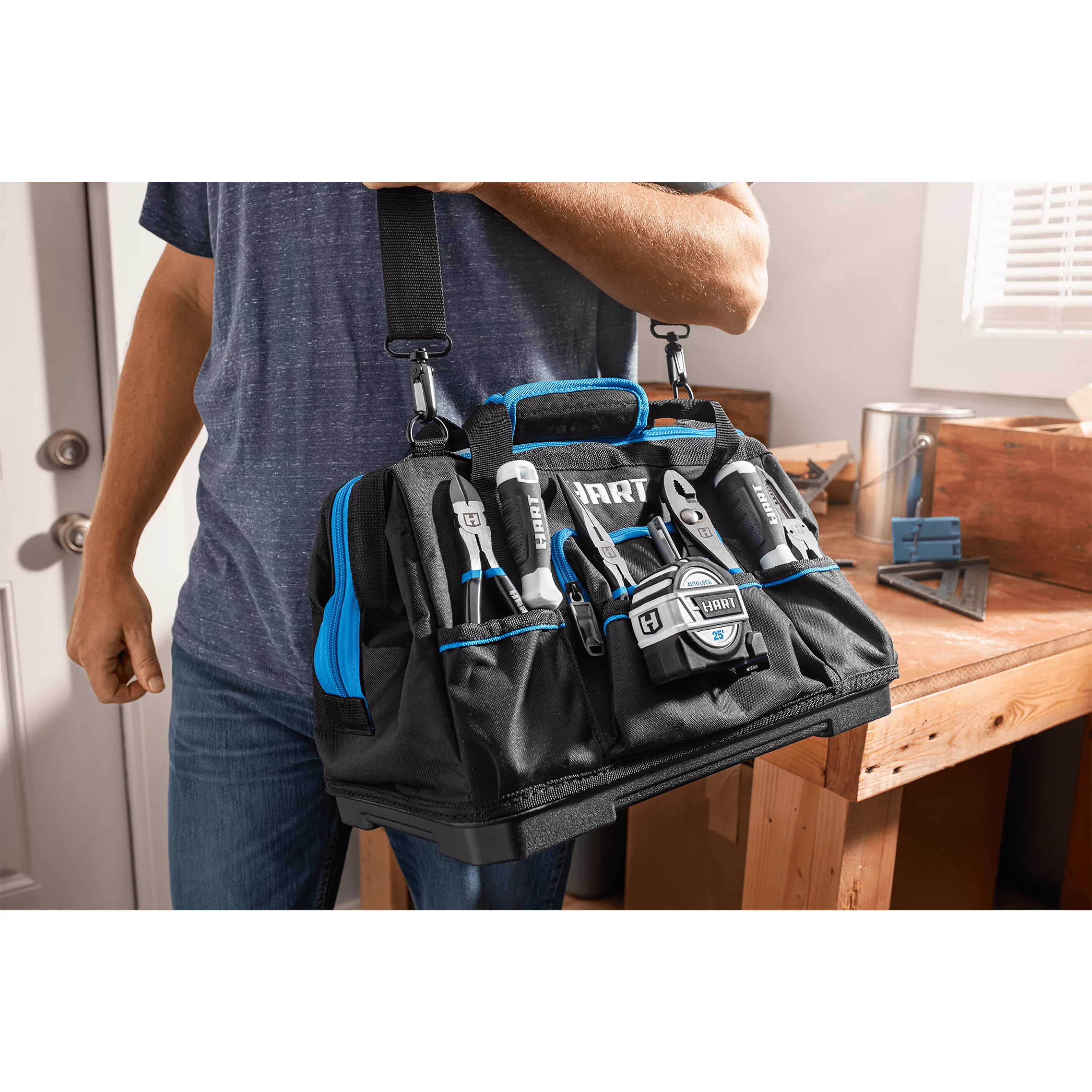 HART 16-inch Hard Bottom Tool Bag, Waterproof Base, Black and Blue