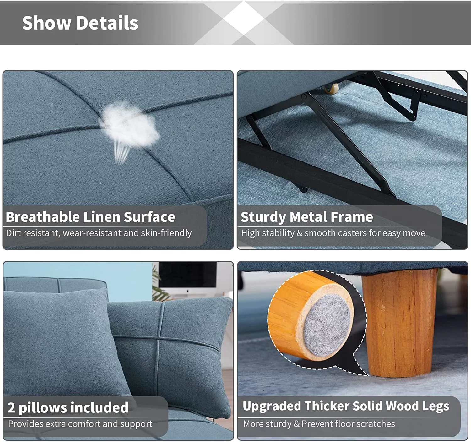 Homrest 3-in-1 Convertible Chair Multi-Functional Sofa Bed Adjustable Recliner(Blue Grey) - Curated Treasures Market