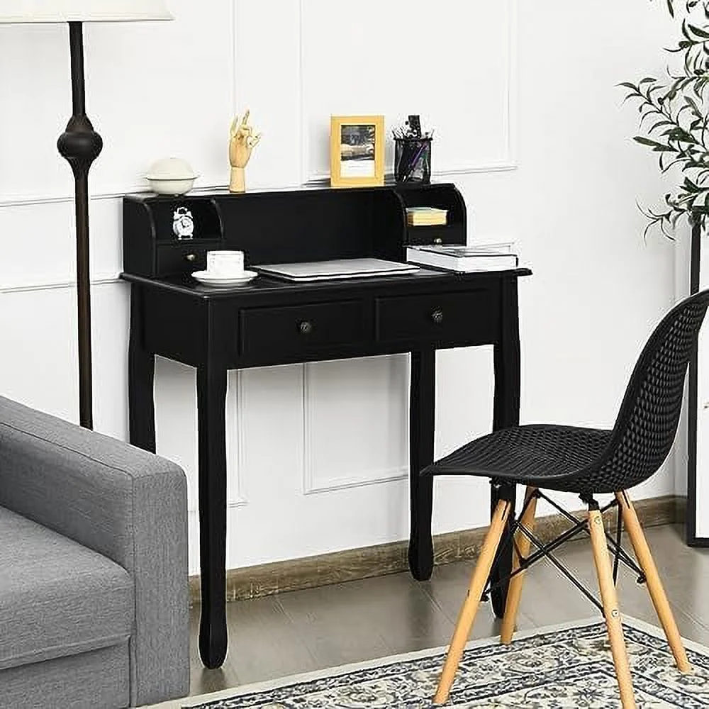 JYHOME Small Writing Desk with Removable Hutch  2-Tier Vanity Table with 4 Drawers  3 Cubbies & Pine Wood Legs  Study Computer Desk for Bedroom Home Office (Pink) - Curated Treasures Market