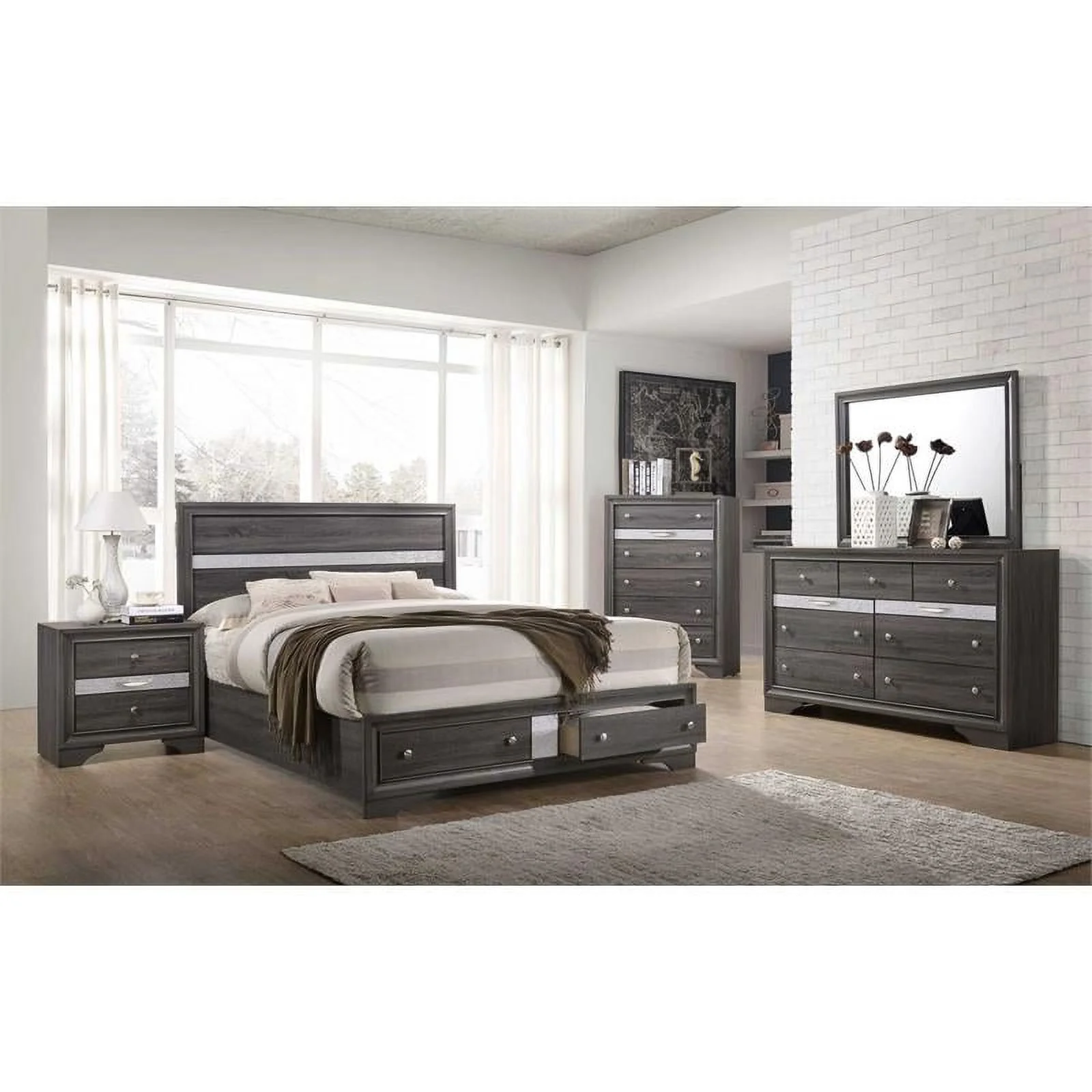 Cal King Gray and Silver Wood Bedframe with 2 Drawer Storage