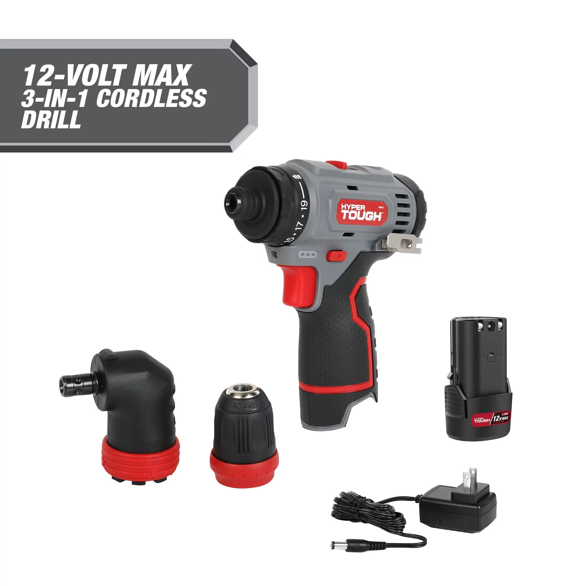 Hyper Tough 12V Max* 3-in-1 Multi-Head Power Drill Set with 1.5Ah Battery and Charger with Hyper Tough 100-Piece Drill and Drive Tool Set in Click Fit? Case Bundle