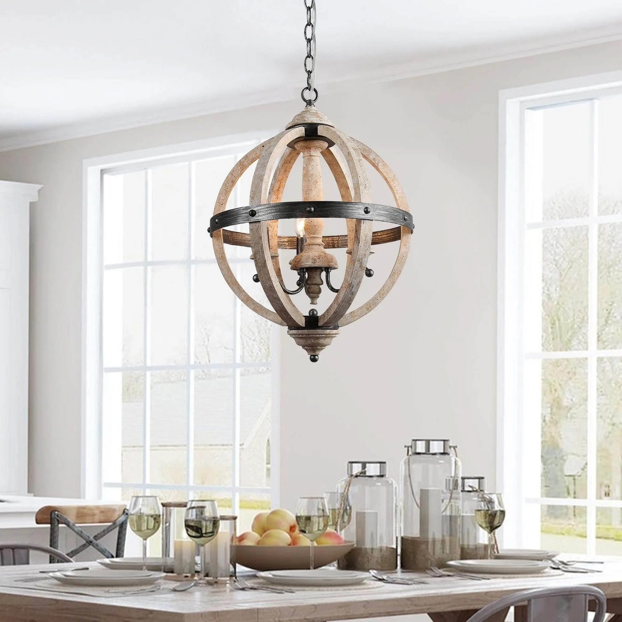 The Gray Barn  Farmhouse 3-Light Candle Globe Wood Chandelier for Dining Room Distressed Weathered Wood W15.7