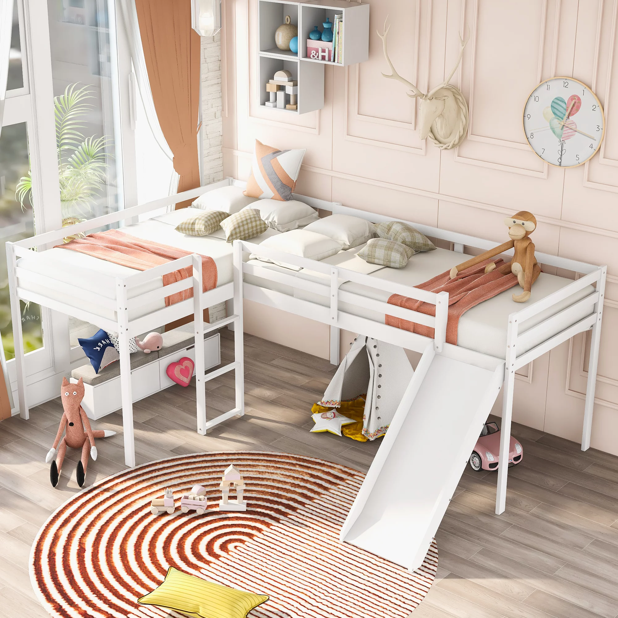 Churanty L-Shaped Loft Bed with Slide, Wooden Low Loft Beds for 2 Kids , Twin Size Low Loft Bed with Built-in Ladders, White - Curated Treasures Market