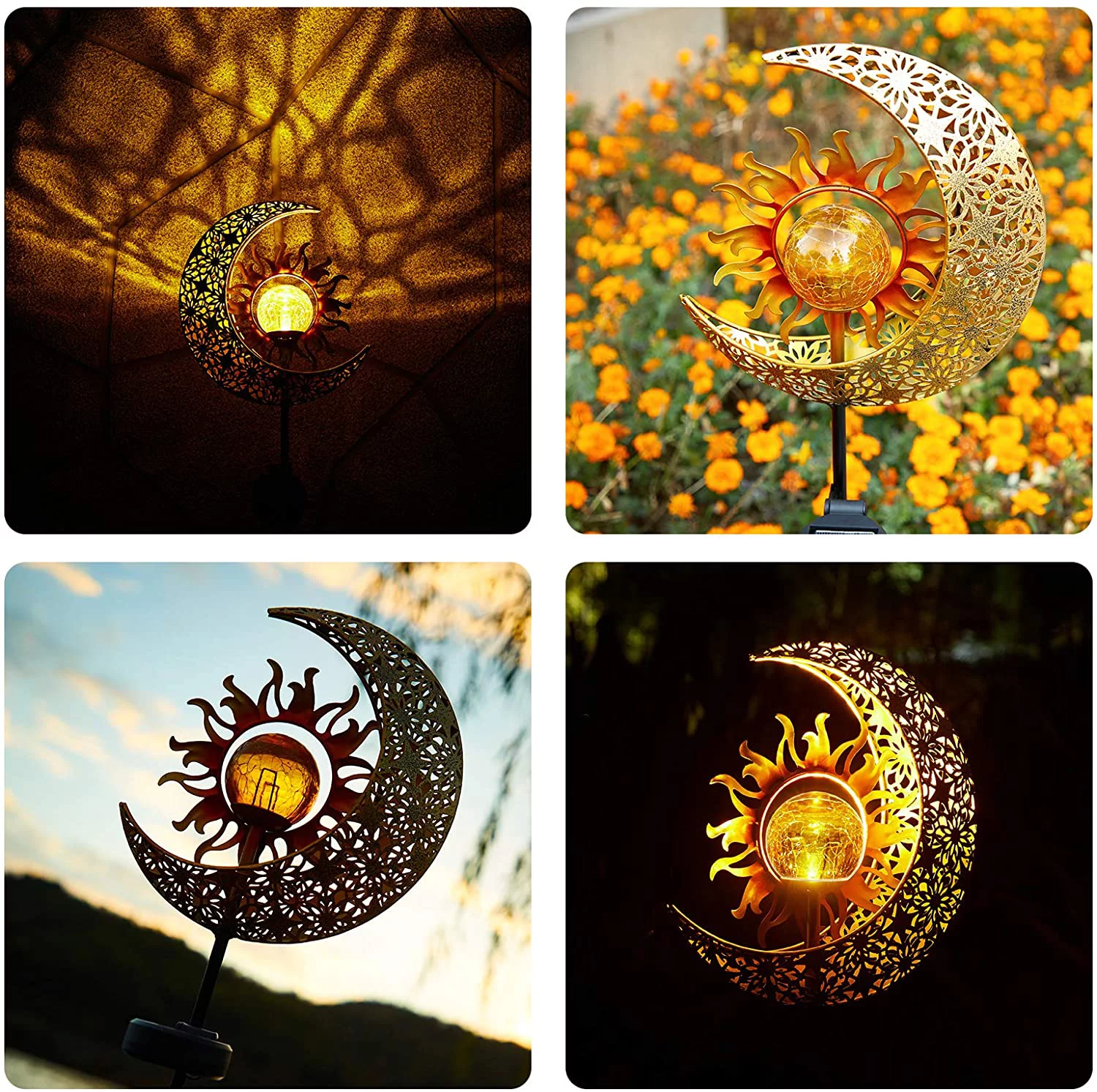 Garden Solar Lights Outdoor Decorative, Sun & Moon Crackle Glass Globe Metal Stake Light, Waterproof Warm White LED Light, Decorations for Pathway Lawn Patio Courtyard Backyard (1 Pack) - Curated Treasures Market