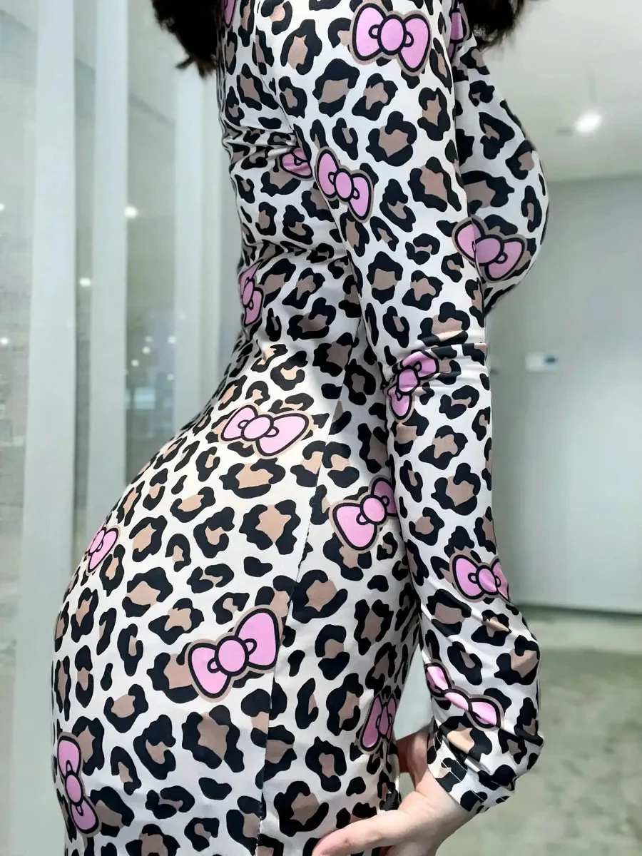 'Moeww' Y2k Kawaii Ribbon Cheetah Print Christmas Onesies Bodysuit
