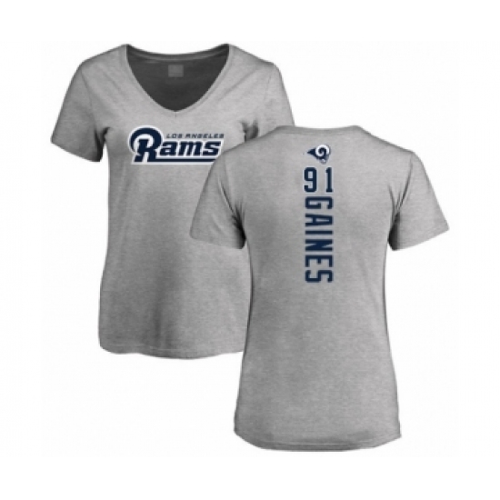 Football Women's Los Angeles Rams #91 Greg Gaines Ash Backer V-Neck T-Shirt